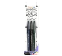 Pentel XSESP15/3 Brush Sign Pen - Pigment Black Ink Edition Calligraphy Pen with Flexible Brush Tip, Blister Card with 3 Line Widths