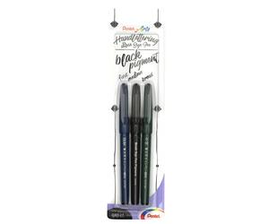 Pentel XSESP15/3 Brush Sign Pen - Pigment Black Ink Edition Calligraphy Pen with Flexible Brush Tip, Blister Card with 3 Line Widths
