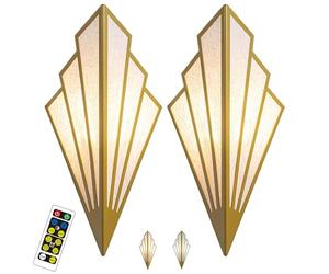 PENTWAN Battery Operated Wall Sconces Set of 2,Modern Wall Lamps,with Color Temperature Dimmable Remote Control,Non Hardwired Sconce,Art Deco Lighting Fixture,for Bedroom Bedside (GoldTwo Color Temp)