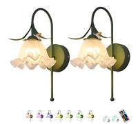 PENTWAN Battery Sconces Wall Decor Set of 2,Rechargeable Wall Scones,Modern Flower Wall Lights,Wireless Sconces with Remote,Dimmable Lighting Fixtures for Bedroom Living Room Entryway(Green,Colorful)