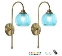 PENTWAN Wall Lamp Battery Operated Wall Sconce Cordless Wall Sconces Modern Bedroom Glass Sconces Set of 2 Antique Brass Wall Light Retro Bathroom Vanity Light Fixtures(Blue -2,Colorful)