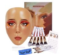 Penubuy Makeup Practice Face Set, Silicone Mannequin Face for Makeup Practice with Make-up Brushes Set & False Eyelashes & Rhinestones Sticker（Wheat-7.28''x5.2''）