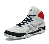 PENXZT Men's High-Top Wrestling Boots, Professional Rubber Sole Boxing Shoes Breathable Fighting Sneakers Powerlifting Bodybuilding Boots Footwear,White B,8 UK