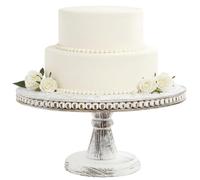 Peohud 12 Inch White Wood Cake Stand, Round Cupcake Pedestal Stand with Beads, Distressed Dessert Display Riser Tray for Wedding Birthday Christmas Party Table Decor