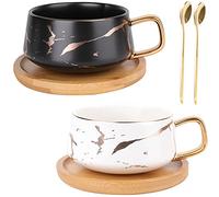 Peohud 2 Pack Ceramic Tea Cup and Saucer Sets, 300ml Marble Flat Cappuccino Mugs, Porcelain Coffee Mug with Spoon and Bamboo Saucer, Marble Espresso Cups for Latte, Americano, White and Black