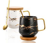 Peohud 2 Pack Porcelain Coffee Mugs Set with Lid, 400ml Ceramic Marble Pattern Tea Coffee Cups with Spoons, Large Tea Cup Milk Mug for Latte, Cappuccino, Americano