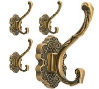Peohud 4 Pack Vintage Coat Hooks, Antique Brass Wall Hook, Gold Decorative Towel Hooks Wall Mounted Hanger for Key, Bags, Hat, Scarves, Clothes, Entryway, Bedroom, Bathroom