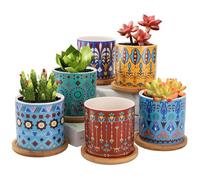 Peohud 6 Pack 7.6cm Succulent Plant Pots with Bamboo Tray, Ceramic Cactus Pots Indoor, Mandala Pattern Small Colourful Flower Planter with Drainage Hole Outdoor, Mini Flower Planter Garden Gifts