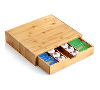 Peohud Bamboo Coffee Capsule Pod Holder with Sliding Drawer, Wooden Tea Bag Storage Organizer Drawer with 5 Adjustable Compartment for Kitchen, Office, Bar, Coffee Machine Stand