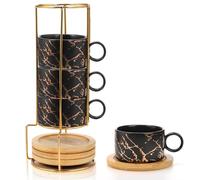Peohud Set of 4 Espresso Cup with Metal Stand, 6 Ounce Stackable Cappuccino Cups with Saucers, Porcelain Demitasse Espresso Mugs for Specialty Coffee Drinks, Cafe Mocha, Latte, Tea