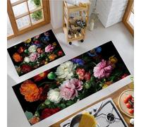 Peonies And Poppies Kitchen Rug Sets, 2 Pieces Non Slip Kitchen Mat Sets,Washable Flower Still Life Floor Mat for Hallway, Bedroom, Sink (Black, 43x75cm+43x150cm)