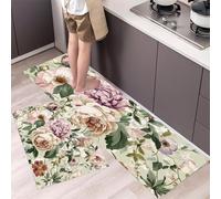 Peonies And Roses Kitchen Rugs Non Skid Washable Mats Set of 2 PCS, Retro Flowers Absorbent Runner Rugs for Kitchen, Front of Sink,Sink Laundry, 40x60cm+40x120cm Sage Green