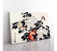 Peonies & Butterfly By Katsushika Hokusai Asian Japanese Canvas Wall Art Print Ready to Hang, Framed Picture for Living Room Bedroom Home Office Décor, 50x35 cm (20x14 Inch)