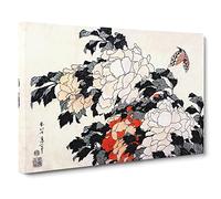 Peonies & Butterfly By Katsushika Hokusai Asian Japanese Canvas Wall Art Print Ready to Hang, Framed Picture for Living Room Bedroom Home Office Décor, 24x16 Inch (60x40 cm)