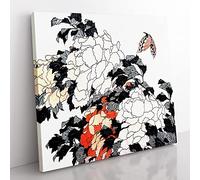 Peonies & Butterfly by Katsushika Hokusai Asian Japanese Canvas Wall Art Print Ready to Hang, Framed Picture for Living Room Bedroom Home Office Décor, 35x35 cm (14x14 Inch)