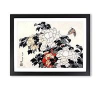 Peonies & Butterfly By Katsushika Hokusai Asian Japanese Framed Print | A4 Black Framed Wall Art | Ready to Hang | Asian Animal Picture | Living Room Bedroom Lounge Office