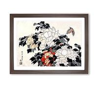Peonies & Butterfly By Katsushika Hokusai Asian Japanese Framed Wall Art Print, Ready to Hang Picture for Living Room Bedroom Home Office Décor, Walnut A4 (34 x 25 cm)