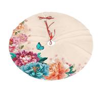 Peonies Chrysanthemum Christmas Tree Skirt 30 Inch Floral Butterfly Plush Xmas Tree Mat Holiday Decoratio Floor Protector for Home Party Festival