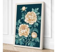 Peonies in Teal Botanical Canvas Wall Art Print 24x16 Inch | Ready to Hang, Gallery Wrapped, Fade-Resistant Inks, Securely Packaged, UK Made