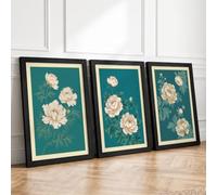 Peonies on Teal Botanical Set of 3 Framed Wall Art Prints A4 (29.7×21cm)