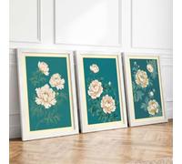 Peonies on Teal Botanical Set of 3 Framed Wall Art Prints A4 (29.7×21cm)
