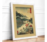 Peonies Over Mountain Vale Japandi Framed Wall Art Print A3 (42×29.7cm) White, Wall Decor for Living Room, Bedroom, Office & Home, Ready to Hang, Art Gift