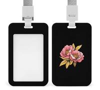 Peonies Peony Flower Push-Pull ID Badge Holder Vertical Clear Holders with Lanyard Key Card Work Clip for Office Men Women