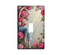 Peonies Single Light Switch Cover Plate, Floral Naturalistic Figure Leaves Spring Peach Plastic Standard Size Wall Switch Plates Accents for Bedroom Bathroom Kitchen Entrance Decor (Single)