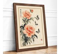 Peonies with Butterflies Japandi Framed Wall Art Print A4 (29.7×21cm) Walnut, Wall Decor for Living Room, Bedroom, Office & Home, Ready to Hang, Art Gift