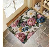 Peony And Daisy Branches And Leaves Door Mat, 60x90cm Machine Washable Mat, Natural Flower Theme Super Soft Non Slip Doormat Indoor Outdoor Water Absorbent Floor Mats Entrance Rug, Sage Green