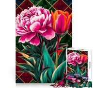 Peony And Tulip in Radiant Stained Glass 1000 Piece Jigsaw Puzzles for Adults Mind Skill Toy Casual Relax Design Assembly Art Collection Piece (38x26cm)