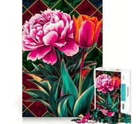 Peony And Tulip in Radiant Stained Glass Adult Jigsaw Puzzles 1000 Pieces Brain Workout Toy Casual Relax Image Assembly Artistic Gift (50x75cm)