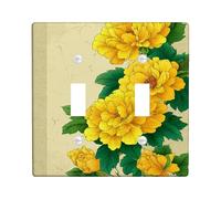 Peony Bathroom Double Light Switch Cover Plate, Floral Natural Leaves Floral Spring Yellow Plastic Standard Size Decorative Wall Plates for New Apartment Home Bedroom Office Decor
