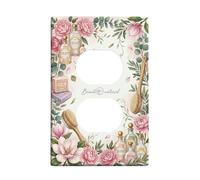 Peony Bathroom Duplex Outlet Covers Wall Plate, Floral Vintage Perfume Bottle Soap Spring Peach Plastic Standard Size Double Power Outlet Cover Plate for New Apartment Home Bedroom Office Decor