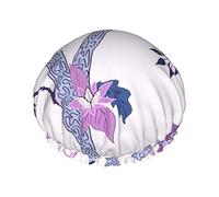 Peony Branch Mural Navy Plum Red Waterproof Shower Cap,Elastic Bathing Hair Cap Environmental Protection Hair Bath Caps, Double WaterproofBathing Shower Hat