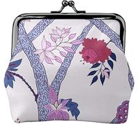 Peony Branch Mural Navy Plum Red Women's Leather Coin Purse, Small Change Pouch with Kiss-Lock Clasp Closure Buckle Wallet for Girl Gift