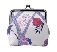 Peony Branch Mural Navy Plum Red Women's Leather Coin Purse, Small Change Pouch with Kiss-Lock Clasp Closure Buckle Wallet for Girl Gift