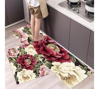 Peony Bushes Kitchen Rug Set 2 Pieces, Non-Slip and Washable Kitchen Runner Mat Watercolor Flowers Standing Mats for Hallway, Dining Room and Entryway - 40x60cm+40x120cm, Sage Green