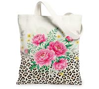 Peony Canvas Tote Bag for Women, Floral Modern Leaf Flower Spring Peach Washable Reusable Small Tote Bags for Shopping Brunch Park Library Day Trips 13x15 Inch