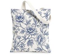 Peony Canvas Tote Bag for Women, Floral Vintage Flower Branch Spring Blue Washable Reusable Market Tote Bags Ideas for Outd, Blue, 13x15 Inch