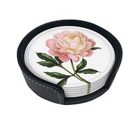 Peony Coasters For Drinks, 6 Pcs Leather Coaster With Holder, Round Cup Mat Pad Set For Home And Kitchen 3.9 Inches