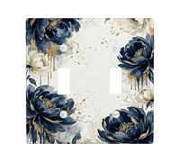 Peony Double Light Switch Cover Plate, Elegant Modern Gold Floral Spring Navy Plastic Standard Size Wall Switch Plates Accents for Bedroom Bathroom Kitchen Entrance Decor