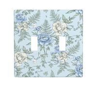 Peony Double Light Switch Cover Plate, Floral Vintage Fern Rose Spring Blue Plastic Standard Size Decorative Wall Plates for Home Living Room New Apartment Decor