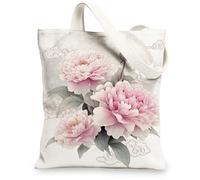 Peony Floral Canvas Tote Bag, Elegant Vintage Flower Design Reusable Shopping Bags, Lightweight Washable Eco-Friendly, Peach, 13x15 Inch