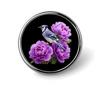 Peony Flower Blue Jay Bird Round Lapel Pins Button Brooch Pin Badge Clothes Accessories for Men Women