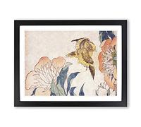 Peony Flower & Canary By Katsushika Hokusai Asian Japanese Framed Print | A2 Black Framed Wall Art | Ready to Hang | Asian Floral Picture | Living Room Bedroom Lounge Office