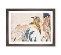 Peony Flower & Canary By Katsushika Hokusai Asian Japanese Framed Wall Art Print, Ready to Hang Picture for Living Room Bedroom Home Office Décor, Walnut A4 (34 x 25 cm)