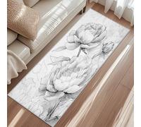 Peony Flower Carpet Runner, Floral Leaves Black Line Runner Rug, Non-Slip Short Pile Washable Carpet For Hallway Entryway Kitchen Patio 80x151cm