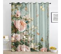 Peony Flower Curtains for Bedroom, Floral Butterfly Rustic Aqua Wood Plank Eyelet Blackout Curtain, Thermal Window Curtain Living Room Privacy Curtains & Drapes 52 x 84 Inch Drop 2 Panels