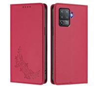 Peony Flower Embossed Leather Wallet Phone Case for OPPO F19 Pro/A94 4G domestic/Reno 5F/Reno 5 Lite-Flip Folio Cover with Card Holder,Kickstand & Magnetic Closure,Shockproof Case.Red
